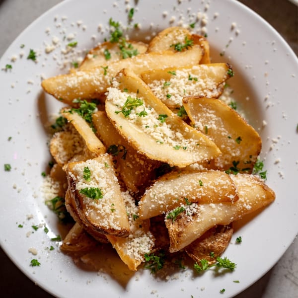 Golden-brown potato wedges topped with grated cheese and fresh parsley on a white plate.