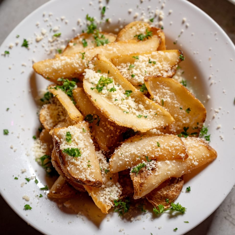 Golden-brown potato wedges topped with grated cheese and fresh parsley on a white plate.