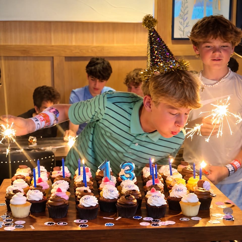 Children celebrate a birthday around a table covered with decorated cupcakes, candles, sparklers, and a glittery party hat.