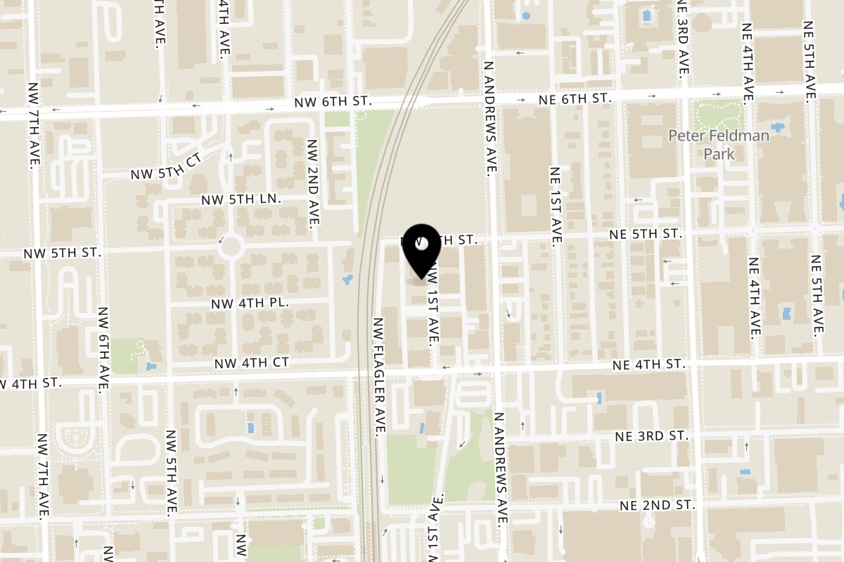 Map showing the location of Laudy Bar Craft Kitchen on 433 NW 1st Ave in Fort Lauderdale